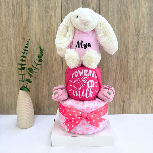 2-Tier Diaper Cake – Personalized Cream Jellycat Bunny Baby Girl Gift Hamper