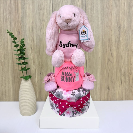 2-Tier Diaper Cake – Personalized Tulip Pink Jellycat Bunny Baby Gift Hamper