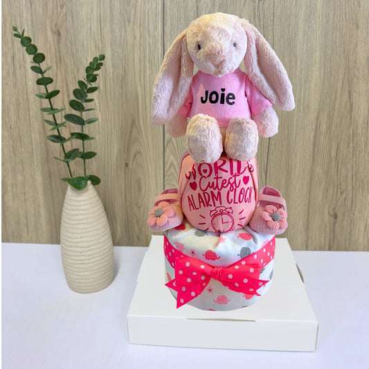 2-Tier Personalized Name Jellycat Bunny Diaper Cake- Baby Gift Hamper Singapore