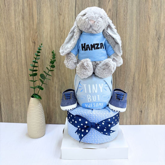 Awesome 2 Tier Diaper Cake - Personalized Silver Jellycat Baby Hamper