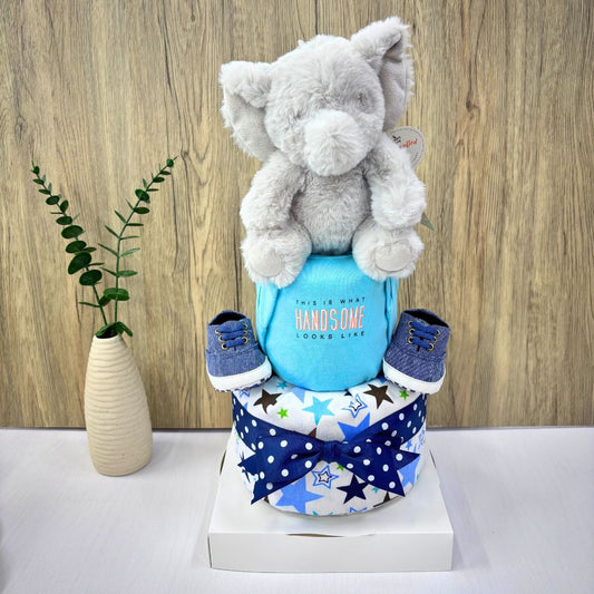 2 Tier Handsome Elephant Baby Boy Diaper Cake | Premium Baby Gift Singapore