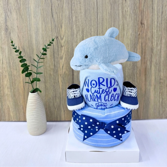 2 Tier Blue Dolphin Diaper Cake for Baby Boy | Premium Baby Hamper Singapore 🐬🌊