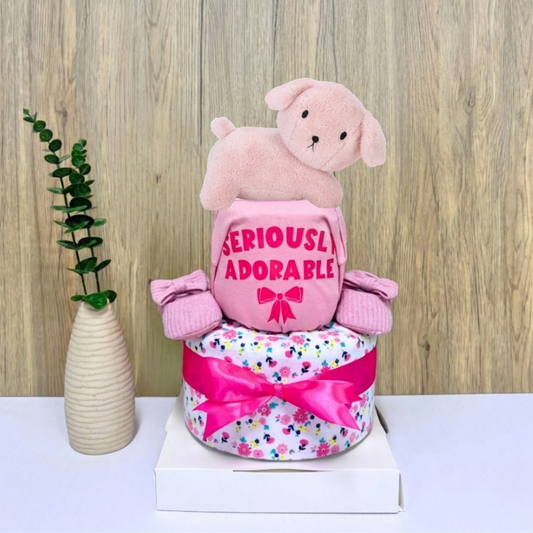 2 Tier Fluffy Pink Snuffy Dog Diaper Cake Baby Hamper Singapore 🐶💖