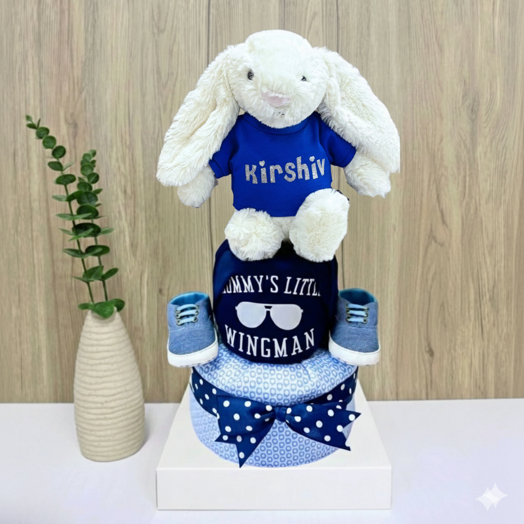 2 Tier Diaper Cake - 100% Authentic Personalized Cream Jellycat Baby Gift Hamper