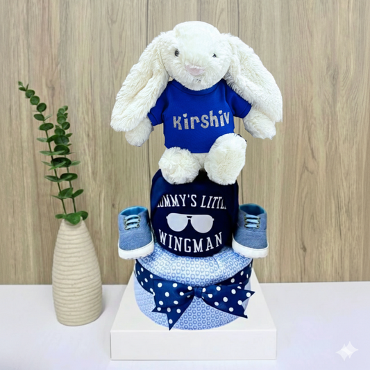 2 Tier Diaper Cake - 100% Authentic Personalized Cream Jellycat Baby Gift Hamper