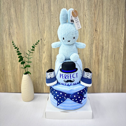 2 tier MIffy baby gift hamper set with 23cm Terry Blue Miffy Plush, baby shoes, socks, and swaddling blanket.
