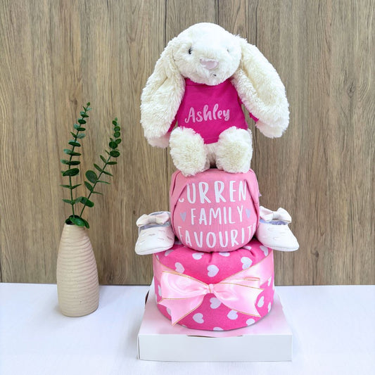 2-Tier Diaper Cake – Personalized Name Jellycat Bunny Baby Girl Gift Hamper