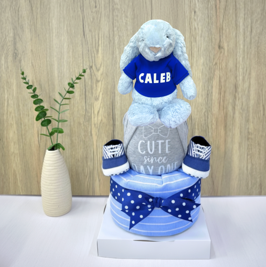 2 Tier Personalized Light Blue Jellycat Diaper Cake Baby Gift Hamper