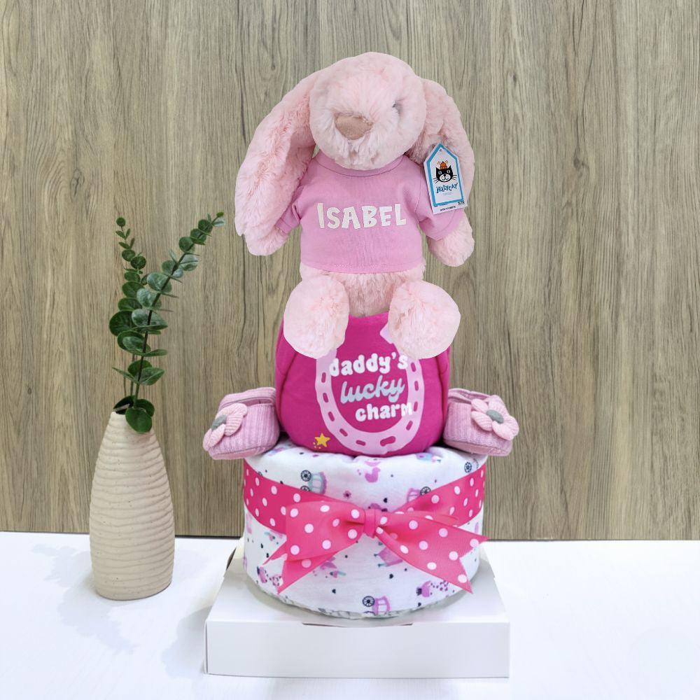 2-Tier Diaper Cake – Personalized Pink Jellycat Bunny Baby Gift Hamper