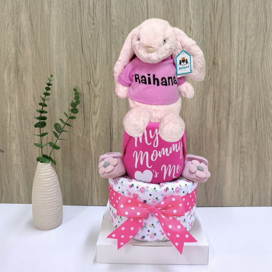 2-Tier Diaper Cake – Personalized Name Pink Jellycat Bunny Baby Gift Hamper