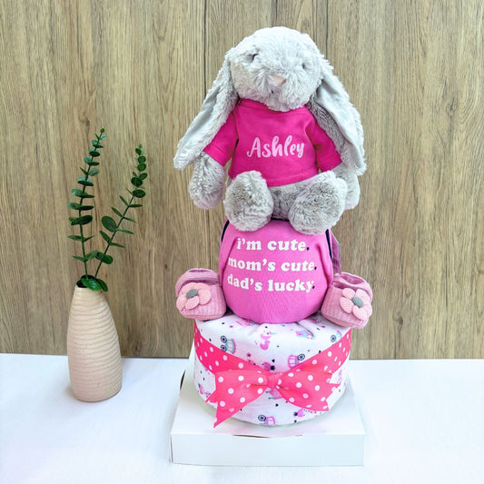 2-Tier Baby Girl Diaper Cake – Silver Snuggles Personalized Jellycat Baby Hamper