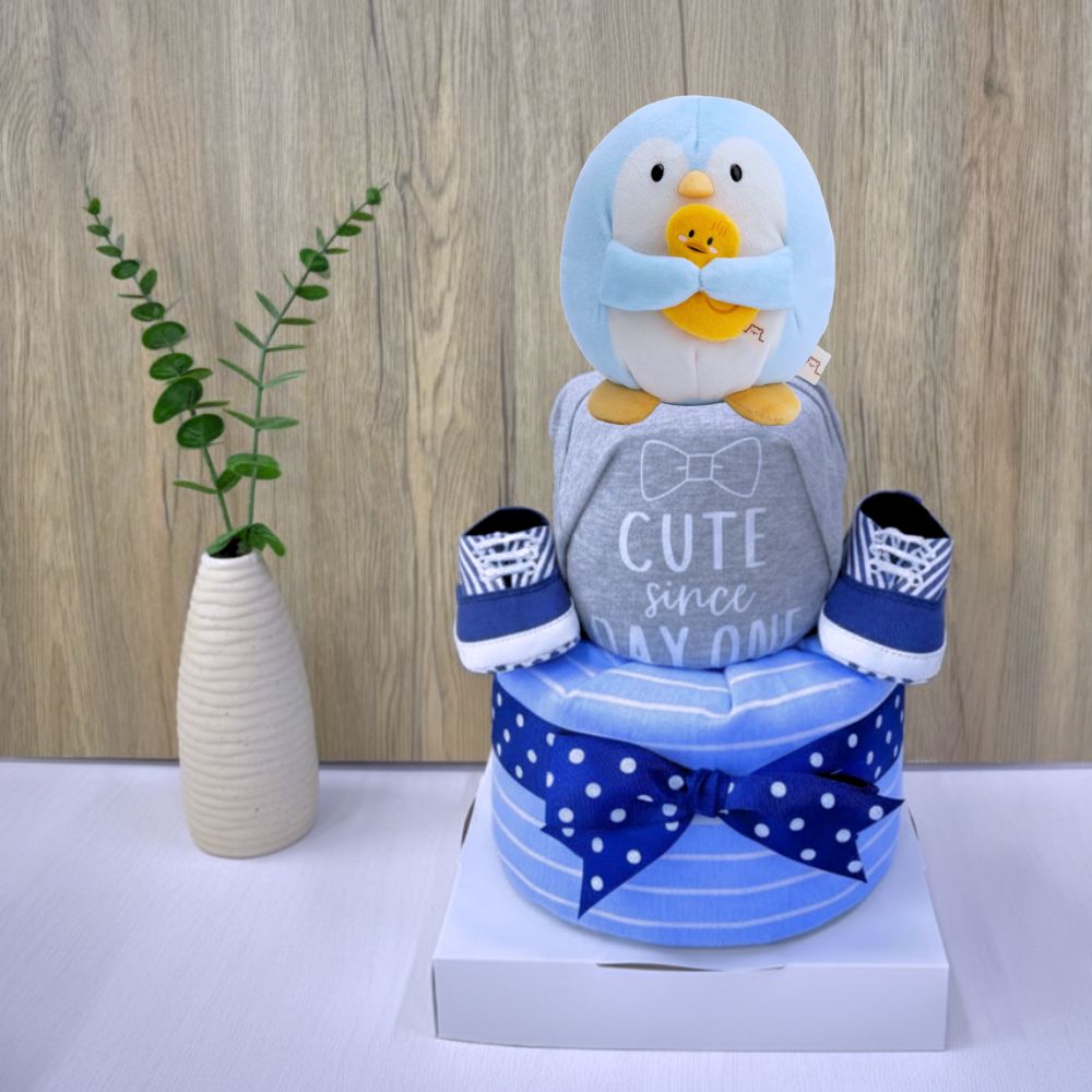 2 Tier NICI Cute Waddle Penguin Diaper Cake - Boy Baby Hamper Singapore 🐧