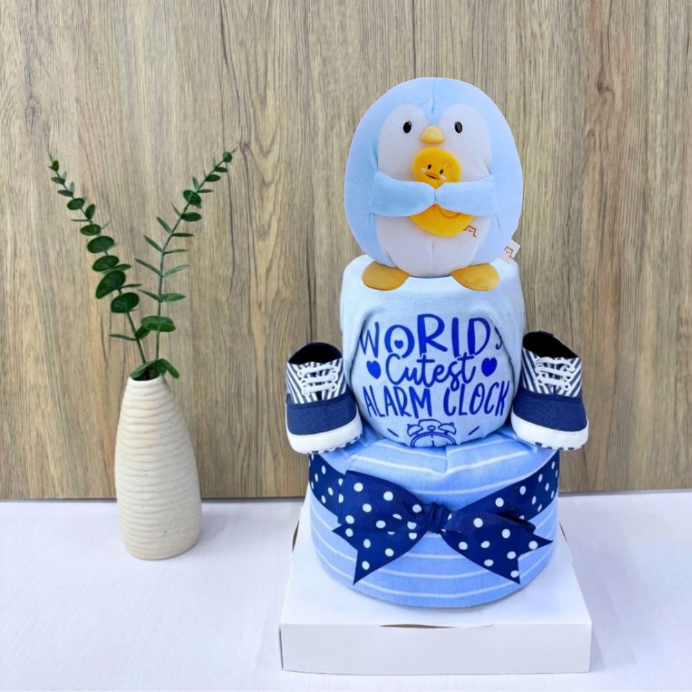 2 Tier Cool Penguin Diaper Cake - Boy Baby Hamper Singapore 🐧