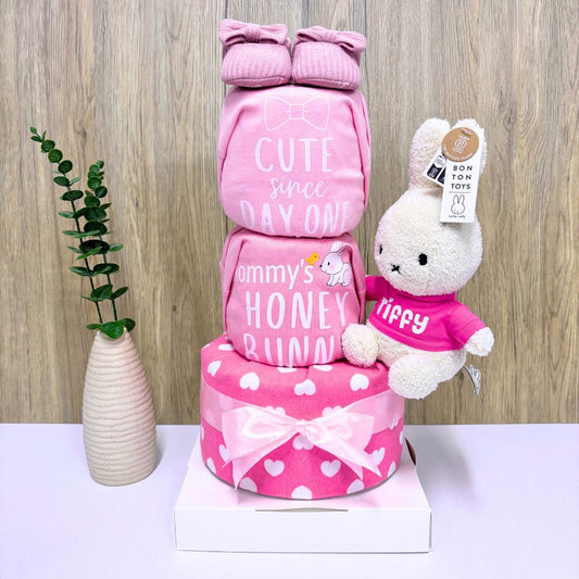3-Tier Cute Miffy Diaper Cake with plush toy, personalised name details, and neatly wrapped diapers