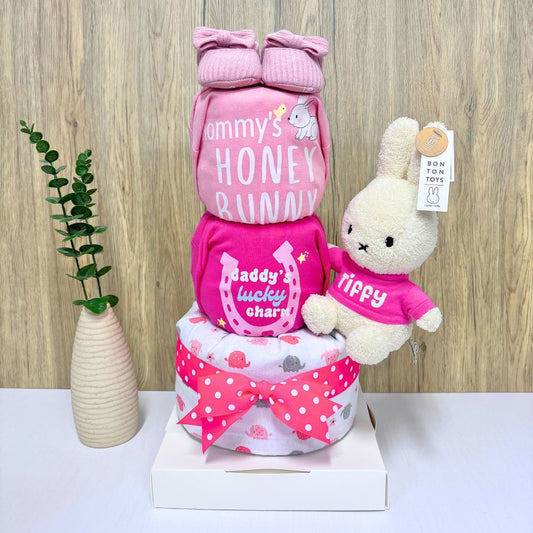 3-Tier Honey Bunny Miffy Diaper Cake with plush and personalized name details