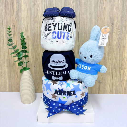 Personalized Name 3-Tier Cute Miffy Diaper Cake with Miffy Bunny soft toy, huggies diapers and baby clothing.