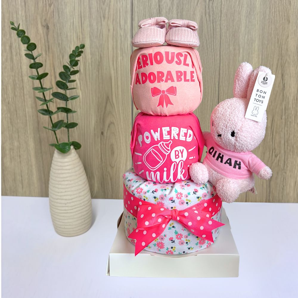 3 Tier Personalized Terry Pink Miffy Diaper Cake - Best Baby Hampers Singapore 🎀🐰