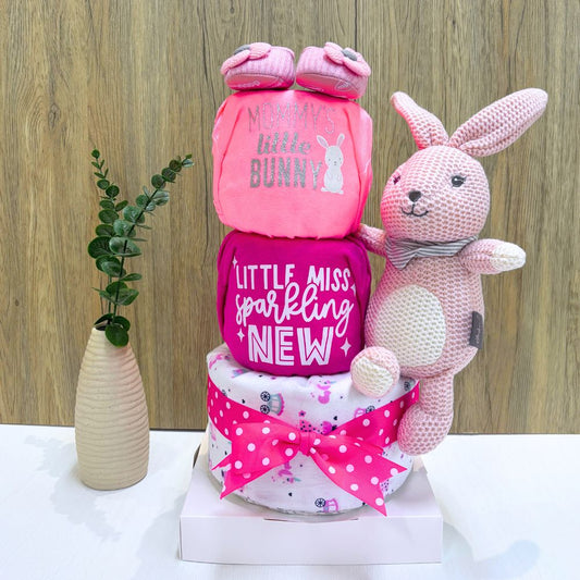 3 Tier Crochet Bunny Baby Girl Diaper Cake | Cute and Practical Baby Girl Gift Set