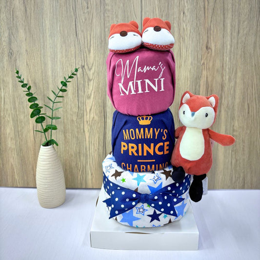 3 tier Diaper cake baby gift hamper with brown fox plush toy and baby shoes