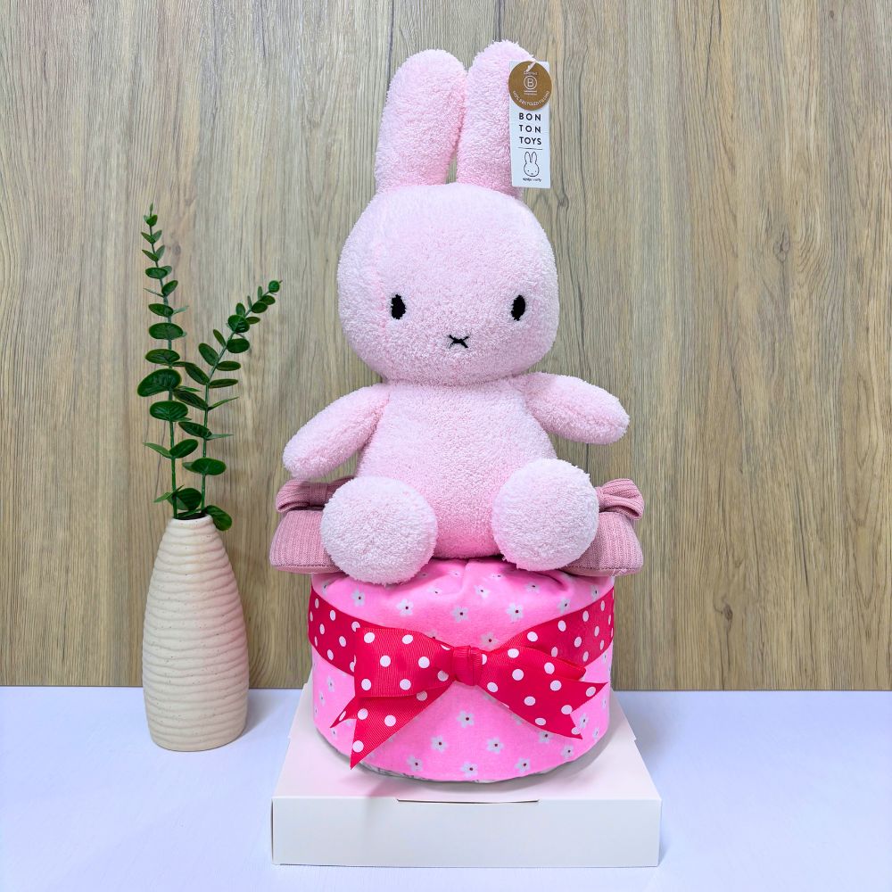 1-Tier Pink Miffy Baby Gift Hamper with Miffy plush, shoes, swaddle blanket and diapers