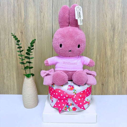 1-Tier Miffy Baby Hamper Diaper Cake with authentic Miffy plush with personalized embroidery name tee shirt.
