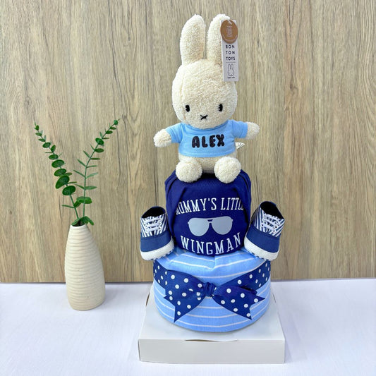2-Tier Handsome Miffy Baby Hamper with custom baby name details and authentic Miffy plush topper.
