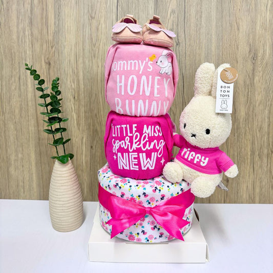 3-Tier Miffy Diaper Cake for baby girls, personalized with ribbon and plush topper