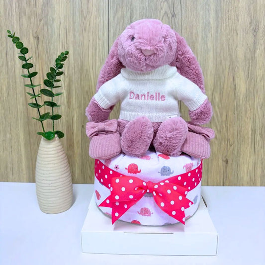 1 Tier Tulip Pink Jellycat Bunny Diaper Cake