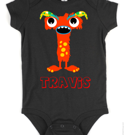 Super adorable Monster themed letter baby onesie for your little monster! Choose from letters A-Z with different monster and colors for every letter.