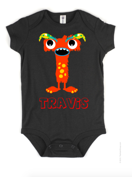 Super adorable Monster themed letter baby onesie for your little monster! Choose from letters A-Z with different monster and colors for every letter.