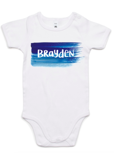 Blue water color splash personalized name onesie