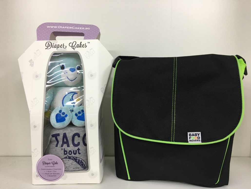 Mini diaper cake with baby food bag